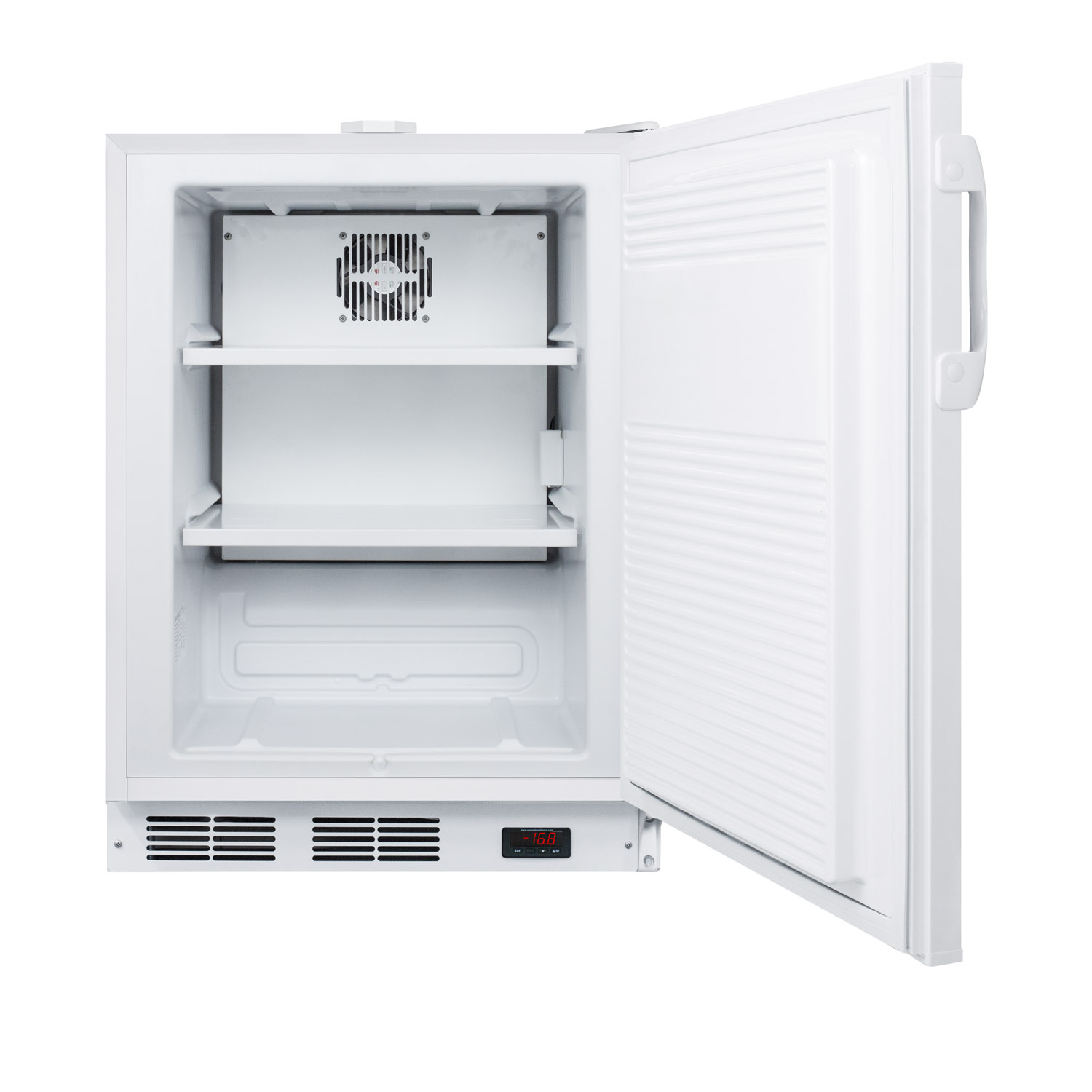 Built-in ADA compliant undercounter frost-free all-freezer for general purpose use, with white exterior, digital thermostat, and lock